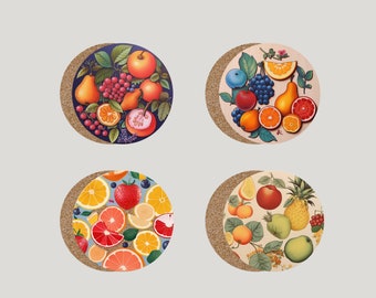 Fruit Coasters Cork Back - 6 Designs Tablemat Art Coasters New Home Gifts Home Decor Housewarming Gift Orange Lemon Pear Apple Peach