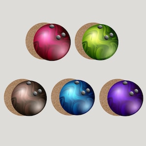 Set bowlingballen: leuke onderzetters met bowlingthema en achterkant van kurk voor bowlers, gamerooms, retro arcade, sportbars, cadeaus.