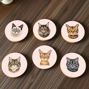 Può includere: Sei sottobicchieri rotondi con sfondo rosa e immagini di diversi gatti. I gatti sono un Maine Coon, un siamese, un tabby, un calico, un tabby grigio e un gatto bianco e nero.
