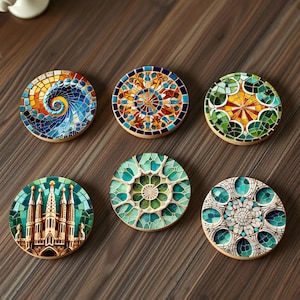 May include: Six round coasters with mosaic designs. The coasters feature various patterns, including a spiral, a flower, a geometric design, and a church. The coasters are made of a durable material and are perfect for protecting your furniture from scratches and spills.
