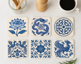 Posavasos azul y blanco: posavasos de corcho de inspiración asiática con diseño de loto, dragón y fénix: elegante decoración o regalo chinoiserie.