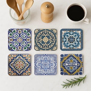 Lisbon Coaster Set • Portuguese Azulejo-Style Tile Coasters • Blue & White Drink Mats • Elegant Souvenir or Wedding Favor