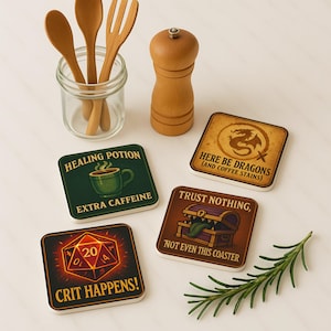 "Handmade cork coasters with RPG and tabletop gaming themes in medieval fantasy style, ideal for gamers and dungeon masters."