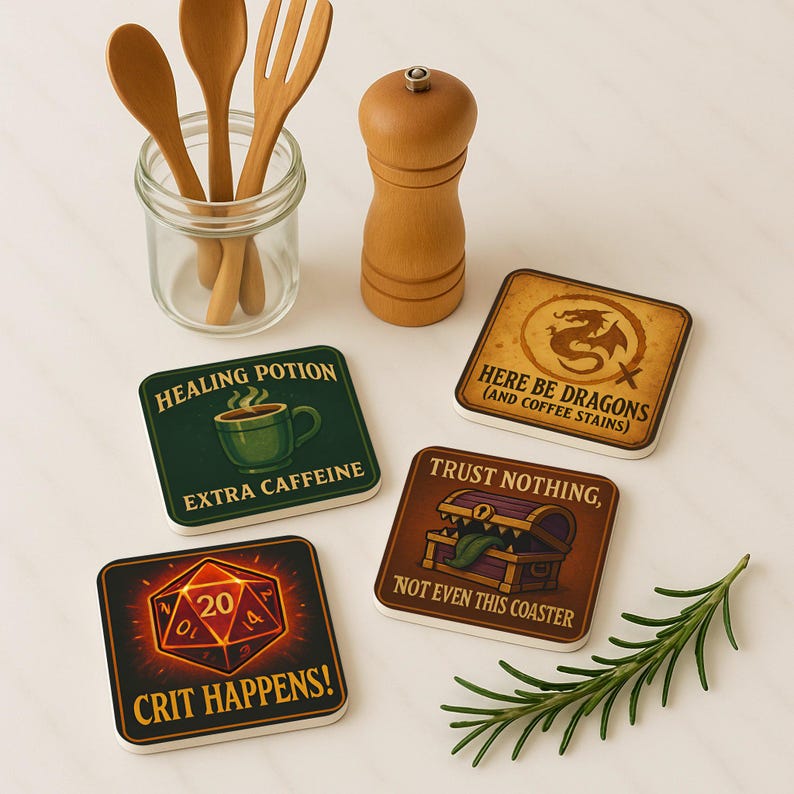 "Handmade cork coasters with RPG and tabletop gaming themes in medieval fantasy style, ideal for gamers and dungeon masters."