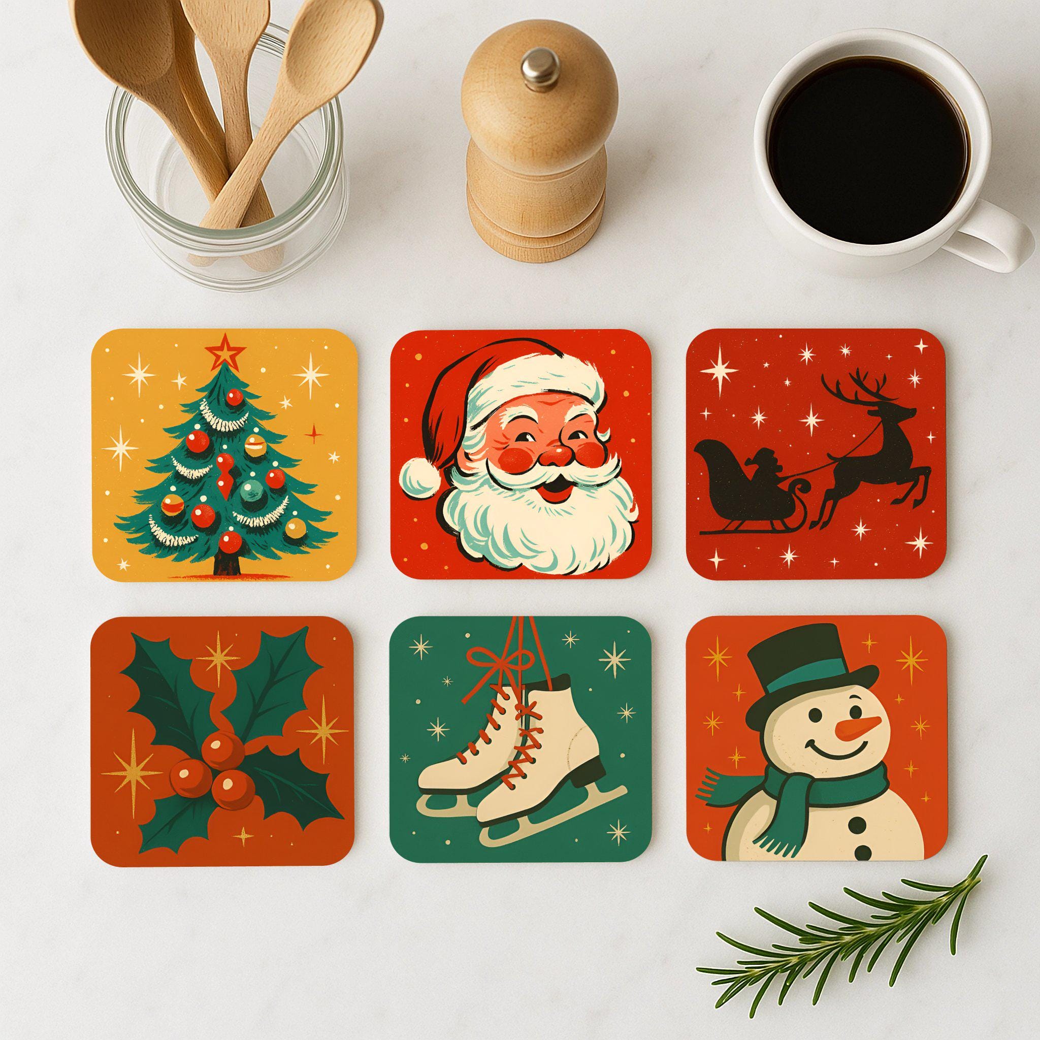 6-Piece Christmas Cork Coasters With Metal Holder - Absorbent, Heat Resistant, Holiday Table Decor