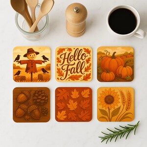Könnte beinhalten: Sechs quadratische Untersetzer mit herbstlichen Motiven. Die Bilder zeigen eine Vogelscheuche, Kürbisse, den Text "Hello Fall", Eicheln, Herbstblätter, eine Sonnenblume und Weizen. Die Untersetzer sind in Orange-, Braun- und Gelbtönen gehalten.