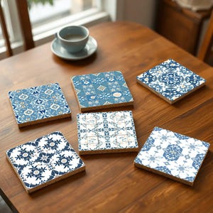 Dutch Delft from Holland: Blue & White Cork Coasters | European Quality, Classic Tile Patterns and Vintage Charm, Rustic Kitchen Decor