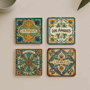 Los Angeles-underläggsset • Spanska nyinspirerade dryckesunderlägg • Keramikdekor i Kaliforniens vintagestil • Missionsinspirerad blomsterpresent • Resesouvenir från Los Angeles