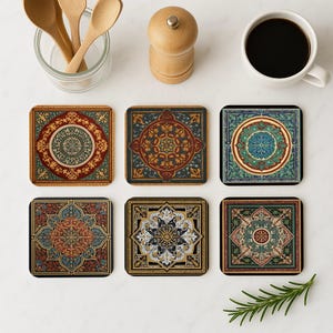 Puede incluir: Juego de seis posavasos cuadrados con diseños intrincados y coloridos de estilo vintage. Cada posavasos presenta un patrón único en tonos de rojo, azul, verde y dorado. Los posavasos están dispuestos sobre una superficie blanca.