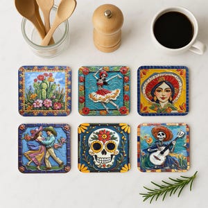 Mexican Talavera Coasters – Day of the Dead Folk Art Cork Coaster Set, Catrina, Folkloric Dancers, Talavera Tiles, Mexican Decor Gift