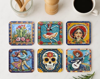May include: Six colorful square ceramic coasters with different designs. The coasters feature a cactus, a skeleton dancing, a woman with a flower crown, a skull with flowers, a skeleton playing a guitar, and a couple dancing. The coasters are perfect for adding a touch of Mexican culture to your home.