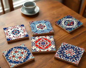 Ottoman Turkish Coasters Set – Traditional Iznik & Tulip Motifs with Cork Backing, Perfect for Turkish Home Decor and Gifts