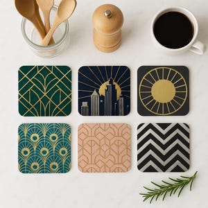 Art Deco Cork Coasters Set of 6 – Geometric Gold on Black, Emerald, Blush & Navy – Great Gatsby Style Bar Decor, 1920s Cocktail Party Gift