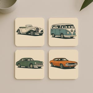 Vintage Car Coasters – Classic Vehicle Cork Drink Coasters Set, Retro Auto Art, Muscle Car, VW Bus, Oldtimer Decor, Gift for Car Lovers