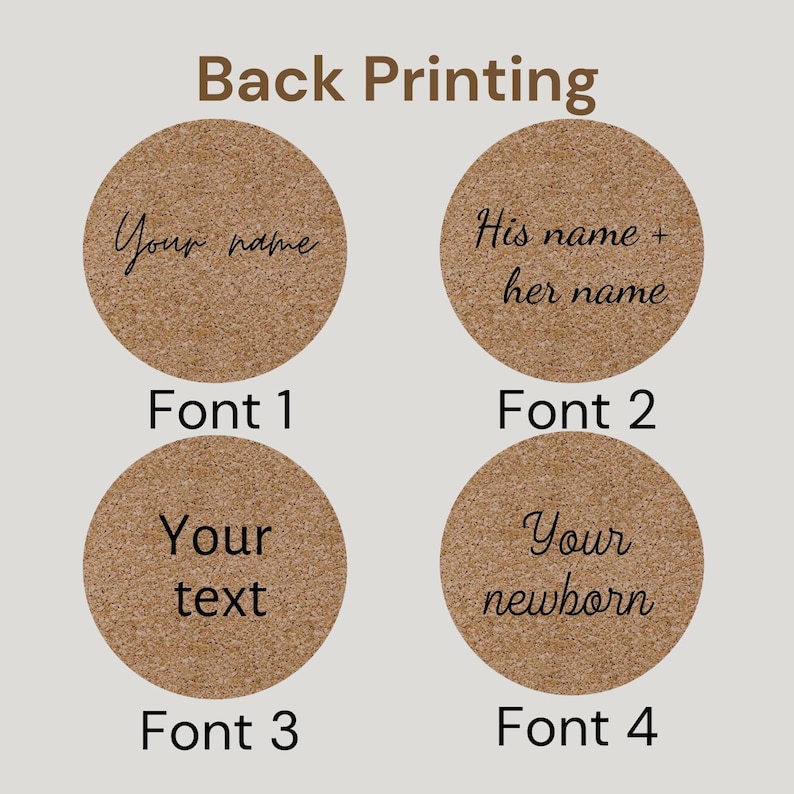 Custom cork coaster design options showcasing 'Back Printing' in four font styles