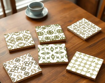 Green & Gold Celtic Knot Coasters – Square Boho Decor, Irish-Inspired Coaster Set, Perfect Housewarming Gift