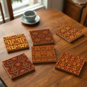 May include: Six square coasters featuring intricate geometric patterns in shades of brown, orange, and yellow. The coasters are made from a cork-like material and have a slightly textured surface.