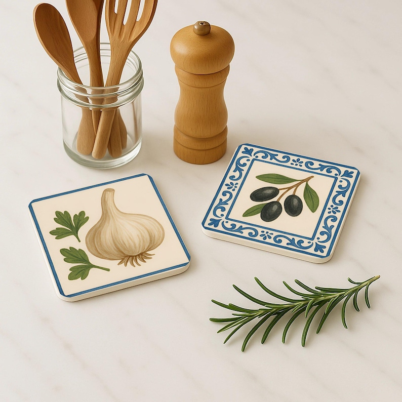 "Garlic and olives illustrated with botanical charm, ideal for Mediterranean kitchens and rustic decor"
