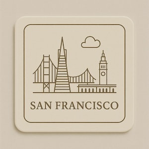 San Francisco Skyline Coaster – USA Cork Coaster – Golden Gate, Pyramid & Ferry Building – California Souvenir