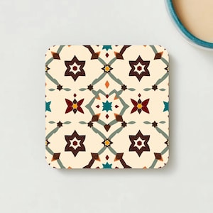 Coaster B displaying a geometric Turkish motif in classic Iznik hues of blue and red.”