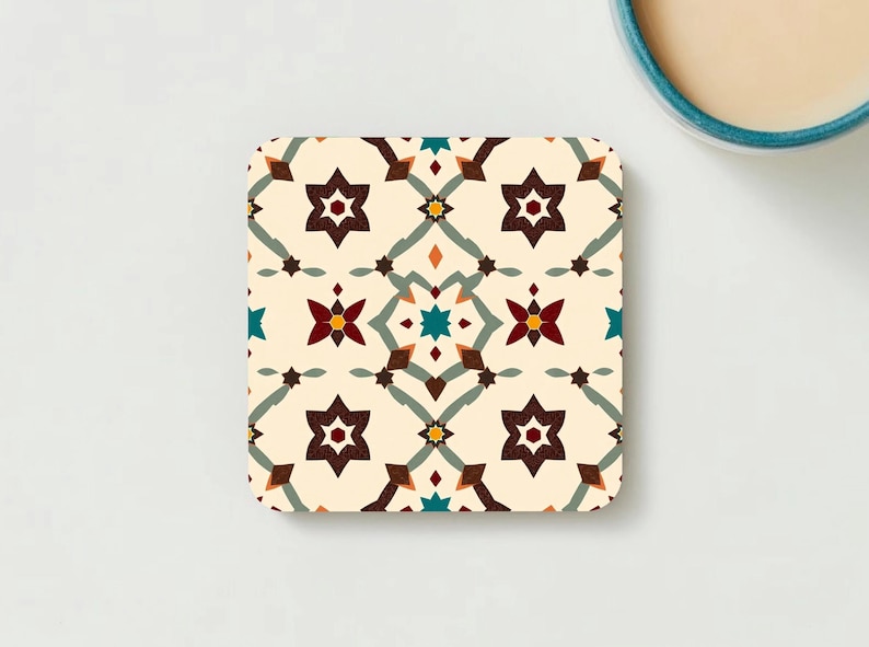 Coaster B displaying a geometric Turkish motif in classic Iznik hues of blue and red.”