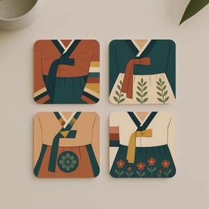 May include: Four square coasters featuring a design of traditional Korean clothing. Each coaster showcases a different colour scheme and design of the clothing. The coasters are made from a durable material and are ideal for protecting your furniture from spills and scratches.