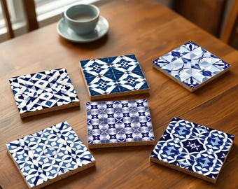 Blue & White Tile Coasters | Azulejo, Greek Island, Moroccan, Dutch Delft and Mediterranean Fusion Decor