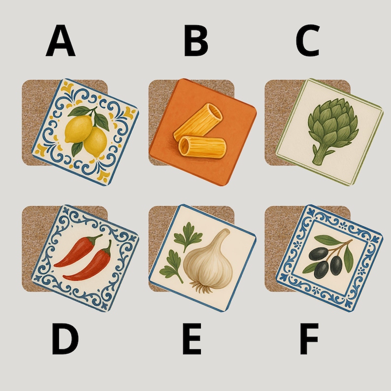 “Choose your favorite design from A to F: lemon, pasta, artichoke, chili pepper, garlic, or olives”