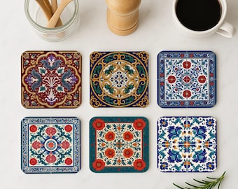 Tirana Coaster Set • Albanian Folk & Mediterranean Patterned Drink Coasters • Ottoman Tile-Inspired Gift • Wedding or Home Accent