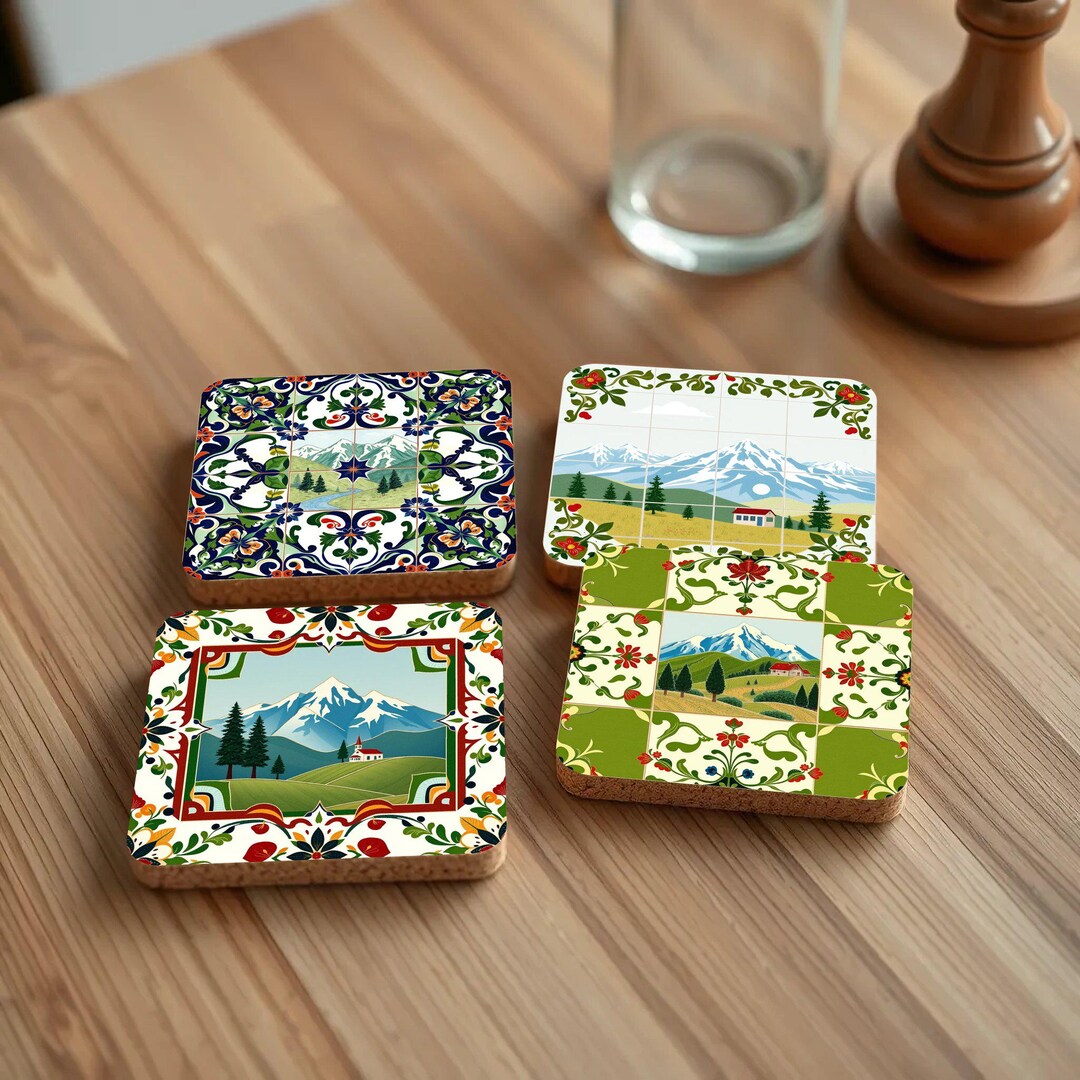 Four Cork Coasters With Colorful Alpine Scenes and Traditional Bavarian ...