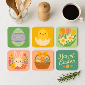 Easter Cork Coasters Set of 6 – Pastel Spring Decor with Bunny, Chick, Eggs, Tulips, Happy Easter Sign, Basket – Gift for Spring Table