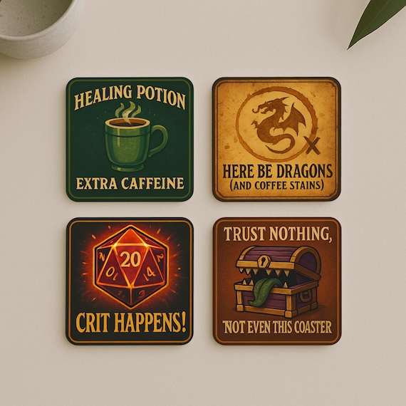 Dungeons and Dragons Coasters – RPG Cork Drink Coasters Set, Crit Happens Dice, Healing Potion Mug, Mimic Chest, Fantasy Gamer Gift