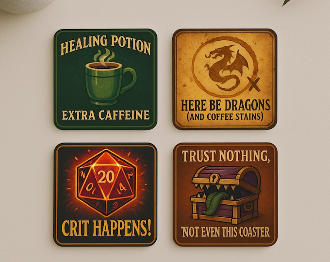 Dungeons and Dragons Coasters – RPG Cork Drink Coasters Set, Crit Happens Dice, Healing Potion Mug, Mimic Chest, Fantasy Gamer Gift