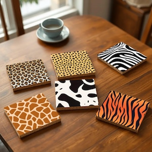 Posavasos con estampado de animales de safari: estampados de leopardo, cebra, tigre, jirafa, vaca y guepardo, base de corcho, decoración salvaje y regalo para amantes de la naturaleza
