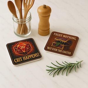"Fantasy tabletop gaming cork coasters with dragon warning and mimic chest designs."