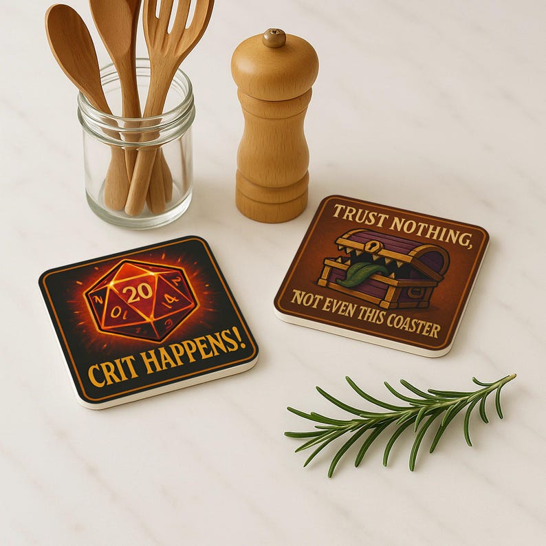 "Fantasy tabletop gaming cork coasters with dragon warning and mimic chest designs."