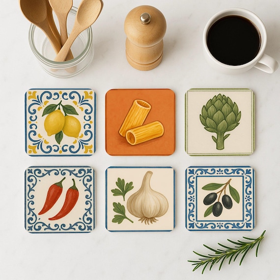 Napolitan Mediterranean Cork Coasters Set of 6 – Italian Kitchen Decor – Garlic, Lemon, Pasta, Olive – Rustic Food Lover Gift