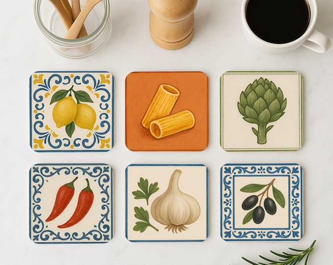 Napolitan Mediterranean Cork Coasters Set of 6 – Italian Kitchen Decor – Garlic, Lemon, Pasta, Olive – Rustic Food Lover Gift