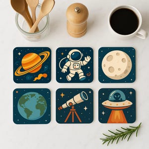 Cartoon Space Coaster Set – Fun Planet & Astronaut Cork Coasters – Kids Room Decor – Galaxy Gift – Colorful Space Drink Mats