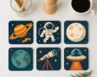 Posavasos de corcho con diseño de dibujos animados del espacio: planetas y astronautas divertidos, decoración infantil, regalo de galaxia, posavasos coloridos con temática espacial.