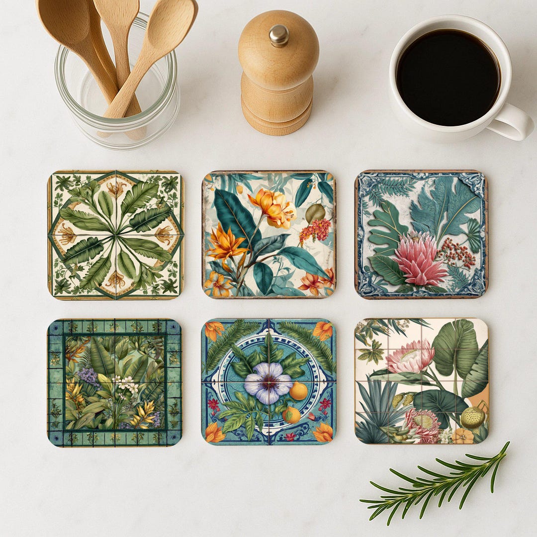 Tropical Botanical Coaster Set • Exotic Floral Tile Drink Coasters ...
