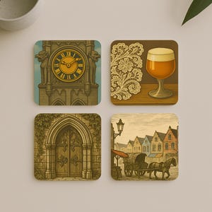Bruges Coasters – Belgian Heritage Cork Drink Coasters Set, Gothic Architecture, Beer & Lace Art, Vintage Europe Travel Gift, History Lovers
