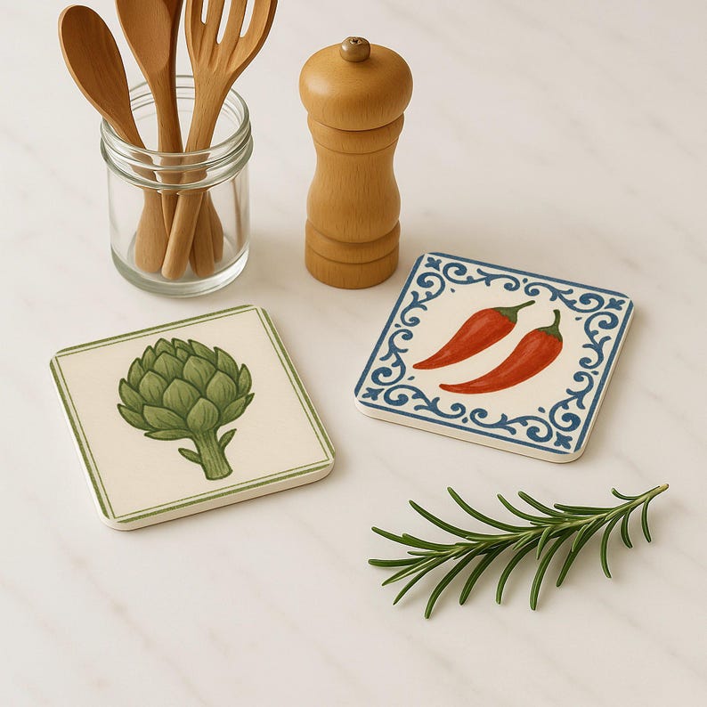 "Napolitan-style coasters with lemons and chili peppers framed in Mediterranean tile borders"