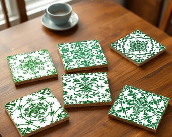 Irish Celtic Charm Green Botanical Cork Coasters | Ornate Floral Patterns & Table Protection
