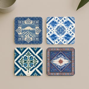 Almaty Coaster Set • Kazakh Tile-Inspired Drinkware • Central Asian Table Art • Mountain Motif Mats • Cultural Gift from Kazakhstan