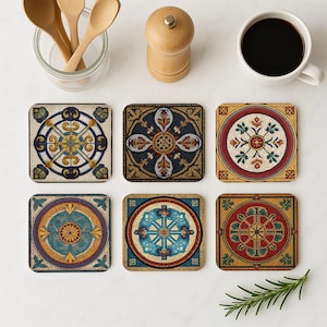 Può includere: Sei sottobicchieri quadrati con intricati disegni a mosaico colorati. Ogni sottobicchiere presenta un motivo unico nelle tonalità di blu, oro, rosso e verde. I sottobicchieri sono disposti su una superficie bianca, insieme a una tazza di caffè e utensili di legno.