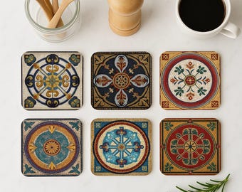 Juego de posavasos de mosaico bizantino • Decoración imperial de Constantinopla • Diseño de azulejos de arte ortodoxo • Regalo de decoración de mesa medieval en dorado y azul