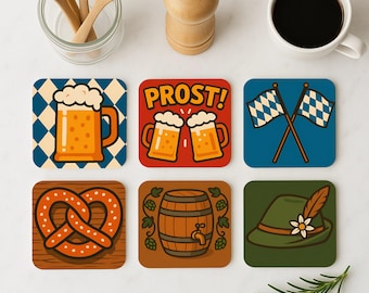Oktoberfest korkunderlägg set om 6 – öl, kringla, tunna, flaggor – tysk festdekoration – rustikt underlägg, presentidé