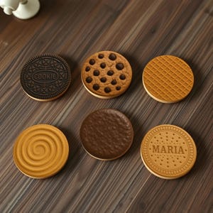 Puede incluir: Seis posavasos redondos con forma de galleta con diferentes diseños. Los posavasos son marrones, negros y amarillos. Los diseños incluyen una galleta con chispas de chocolate, una galleta de barquillo, una galleta simple, una galleta de chocolate y dos galletas con las palabras "Cookie" y "Maria" en ellas.