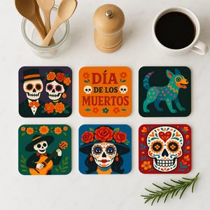 May include: Six colourful square coasters with various Day of the Dead themed designs. The coasters feature skeletons, flowers, a dog, and a skull with a heart.